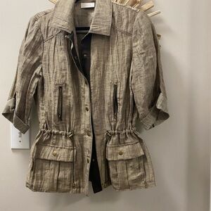 Chico’s Taupe Winched Waist Lightweight Jacket.